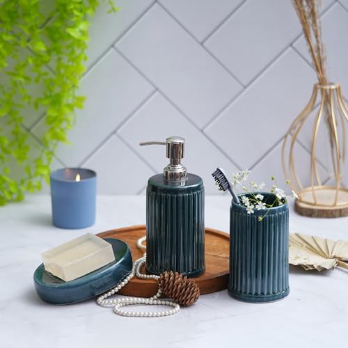 Image of Premium Ceramic Bathroom Accessories Set of 3 | Oval Hand-Painted Luxury Bath Set with 300ml Liquid Soap Dispenser, Toothbrush Holder & Soap Tray (Dark Teal with Vertical Ribbed)