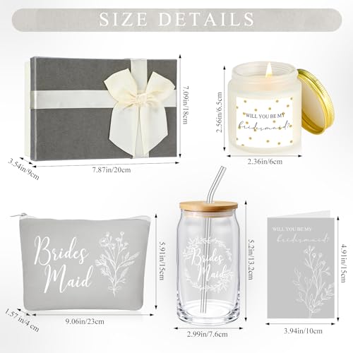 Inbagi Bridesmaid Gifts Box Set of 5 Includes Glass Cup with Lid and Straw Makeup Bag Sage Scented Candle Wedding Invitation Cards Proposal Gifts for Bridal Party Favors (Gray)2
