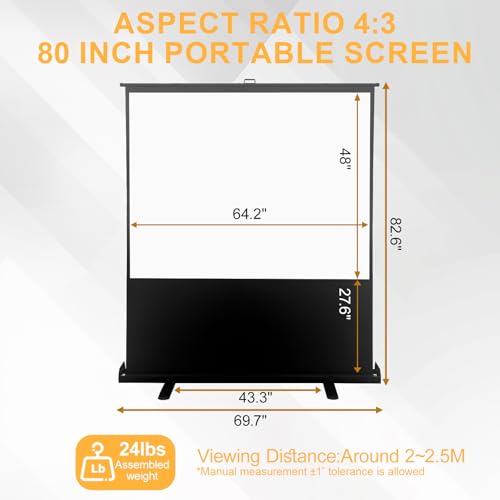 Image of LIHONG Screen 80 inch 4:3 Manual Pull Up Projector Screen Floor Rising Standing Projector Screens 4K HD Indoor & Outdoor Projection Screen for Home Theater Movies,Classroom,Hotel,Office