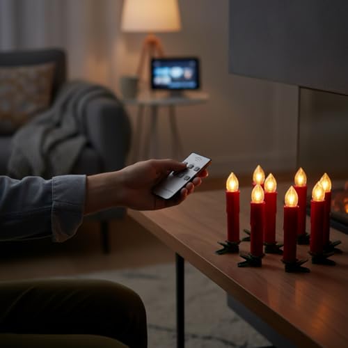 Image of Flameless LED Taper Candles with Clips, 4 inch Battery Operated Window Candles with Remote Timer Mini LED Chandelier Candlesticks for Home Decor Wedding Church Party & Tree Lighting,10 Pack,RED