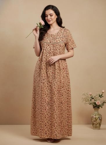 Image of Bahumaan Cotton Nighty for Women Full Length Stylish | Floral Print Cotton Maxi Dress for Women with Pocket | Sleepwear Gown for Women