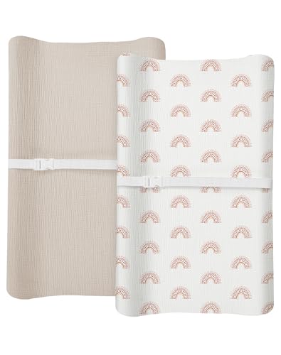 Image of Changing Pad Cover for Baby Boy Girl 2 Pack, Muslin Changing Table Pad Covers with Boho Style, Neutral Nursery Bedding Essentials Soft and Breathable(Beige & Rainbow)