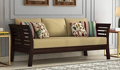 Image of Solid Sheesham Wood Sofa Set 3 Seater with Cushions Without Small Pillows for Living Room, Bedroom, Office, Hotel & Lounge (Standard, Warm Chestnut Finish)