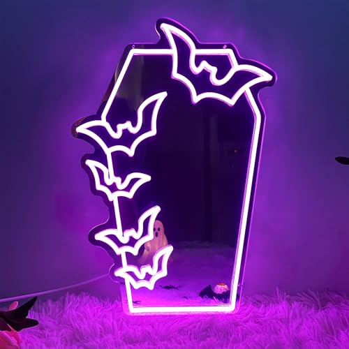 Image of Coffin Bat Neon Mirror, Gothic LED Coffin Sign, Spooky Bat Neon Light Sign, Gothic Room Wall Art, Makeup Mirror, Halloween Neon Sign 20″x14.6″