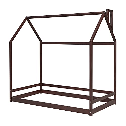 Bellemave Kids Montessori Floor Bed,Twin Size House Bed with Fence,Wooden Floor Bed for Kids,Twin Bed Frame for Girls,Boys(Twin,Espresso)