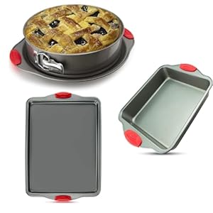 “Boxiki Kitchen Premium Non-Stick Baking Set: 10 Inch Springform Pan, 11×14 Baking Sheet, and 8×8 Square Pan with Silicone Handles “