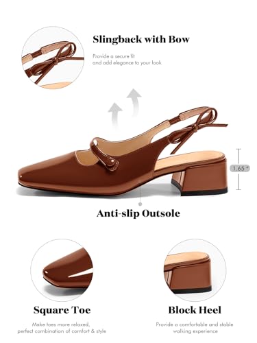 Image of Coutgo Womens Mary Jane Shoes Slingback Chunky Low Heels Bow Closed Square Toe Pumps Wedding Party Dress Shoes