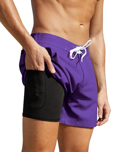 Nonwe Men's Swimming Trunks with Compression Liner Solid Holiday Short Beach Board Shorts with Drawstring