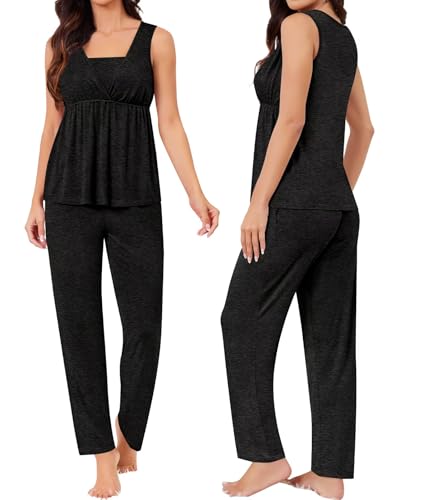 Image of SWOMOG Maternity Nursing Robe Set 3 Piece Breastfeeding Pajamas 3 in 1 Labor Delivery Sleevless Tops&Long Pants Pregnancy Pjs