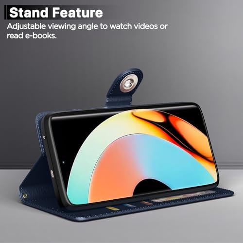 Image of Pikkme Flip Cover Leather Finish | Inside TPU with Card Pockets | Wallet Stand and Shock Proof | Complete Protection Button Flip Case for Realme 10 Pro Plus 5G (Blue)