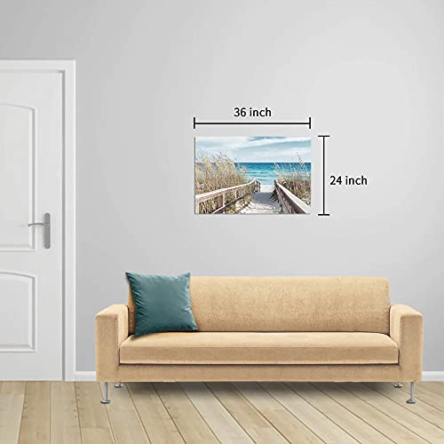 WALLSUP DECOR Beach Pathway Canvas Wall Art - Ocean Theme Artwork Boardwalk Picture with Wood Toned Fence and Weeds Painting for Living Room (36 x 24)