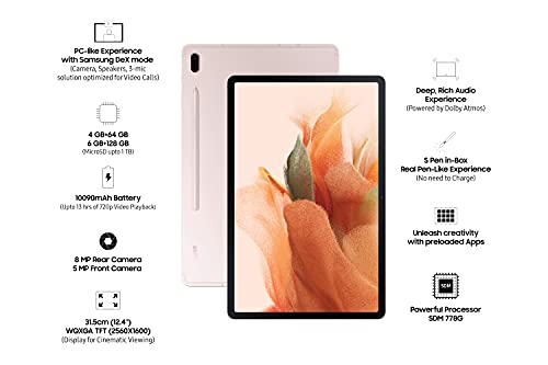 Image of Samsung Galaxy Tab S7 FE 31.5 cm (12.4 inch) Large Display, S-Pen in Box, Slim Metal Body, Dolby Atmos Sound, RAM 4 GB, ROM 64 GB Expandable, Wi-Fi Tablet, Mystic Pink