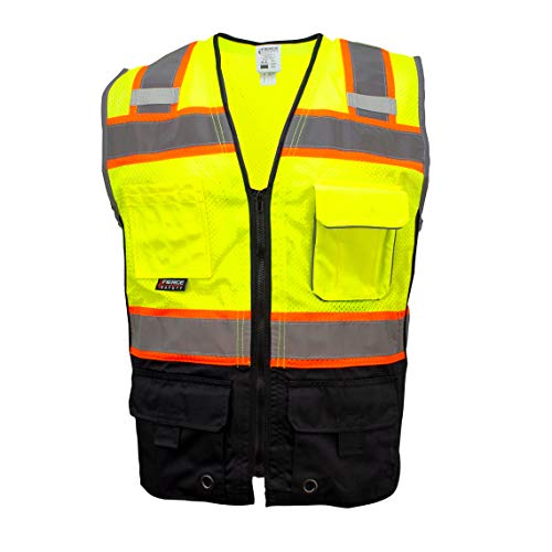 Fierce Safety SU400G Superior Surveyors Class 2 Meshed Two Tone Black Bottom Vest and Tablet Pockets | 100% Polyester Optimal Breathability | Meets ANSI/ISEA 107-2015 Standards