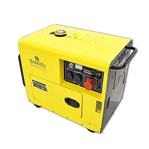 BAMATO Diesel Stromerzeuger BGE-5000D | AVR-Technologie | 5000 Watt | Elektrostart | 4-Takt Dieselmotor 7,9 PS | 400 V Anschluss, zwei 230 V Anschlüsse und ein 12 V DC Konnektor
