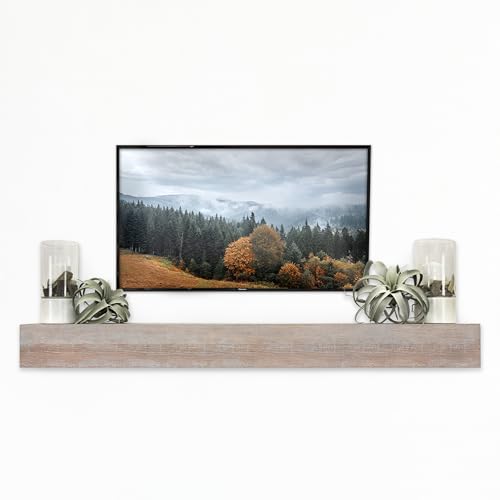Image of MCS 60-Inch Mantel, Master & Co Warm Gray Finish Solid Wood Floating Fireplace Mantel, Long Floating Shelf for Livingroom with Wood Cleat Hanging System, Photo and Home Decor Display Shelf