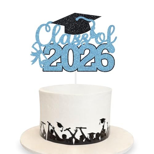 Graduation Cake Topper 2026 Grad Party Decoration Glitter Cap Diploma Food Picks Table Ideas Light Blue