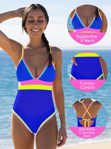Image of popvil One Piece Swimsuit for Women Tummy Control Bathing Suit V Neck Slimming Neon Color Block Swimwear