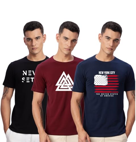 Image of ADRO 100% Cotton Lycra Tshirts for Men Combo Pack of 3 | Regular Fit | Printed T Shirt | Round Neck Half Sleeve| Mens Tshirts
