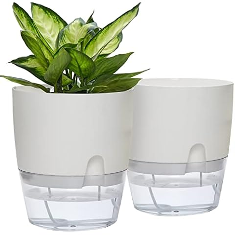 ETGLCOZY Self Watering Planter for Indoor Plants, 2 Pack 9.3 Inch Flower Pot Modern Decorative Plastic Planter with Extra Large Water Storage for All House Plants, Flowers, Herbs(White) Cover