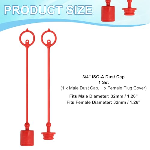 Image of PATIKIL 3 /4 inch ISO-A Hydraulic Coupler Male Dust Cap and Female Plug Cover, Set of 1 Rubber Quick Disconnects Port Plug Cover Fittings Red Cap with Retention Ring