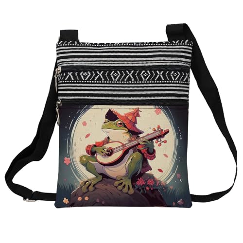 Musician Frog Messenger Bag Small Ethnic Pattern Printed Adjustable Strap Crossbody Zipper Bag Musician Frog Phone Bag Wallet Cute Shoulder Handbag for Women Friends