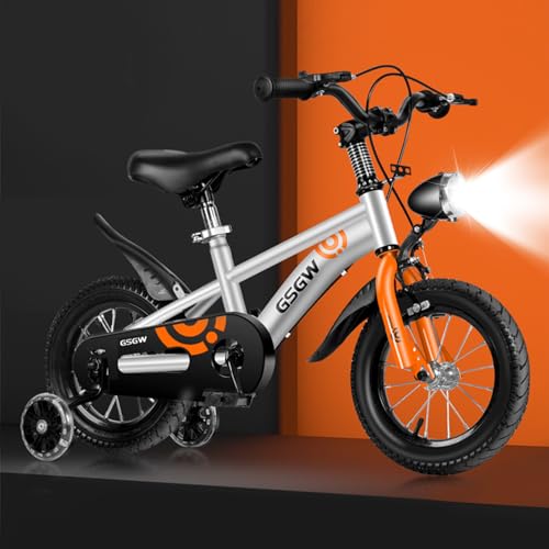 JWPEHOE Kids Bike for Boys Girls, 12 14 Inch Bike with Training Wheels, Bicycle for Kids with Headlamp, Bike for Kids with Handbrake Sturdy Frame Adjustable Seat, Children Bicycle for Beginner Riders