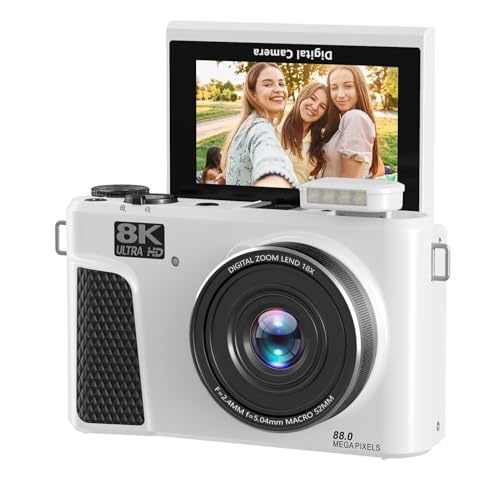 PUSOKEI 8K-Digitalkamera für Fotografie, 88 MP WiFi-Vlogging-Kameras mit 3-Zoll-180°-Klappbildschirm und 18-fachem Digitalzoom-Autofokus, mit 32G-Speicherkarte für Anfänger (White)