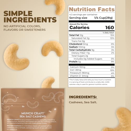Image of Munch Craft Sea Salt Cashews - (Pure & Simple) - Crunchy Air-Roasted Nuts, Oil-Free - No Artificial Colors or Flavors - 4.4 oz (125g) Resealable Bag