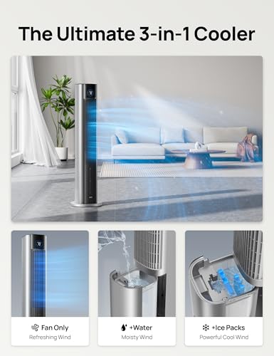 Image of DREO Evaporative Air Swamp Cooler, 43 inch Cooling Fans that Blow Cold Air 2026 Upgraded, 80 Oscillating Floor Fan for Bedroom, Easy Cleaning, APP Control, Ice Packs, 4 Speeds 4 Modes, 12H Timer, Silver