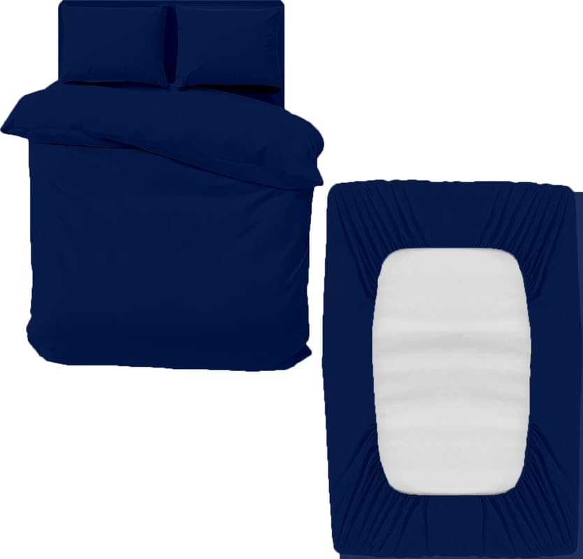 DTEX HOMES 4 Piece Microfiber Duvet Cover Sets - Double Duvet Set Includes 1 Duvet Cover, 1 Fitted Sheet and 2 Pillowcases, Ideal Bed Sets for a Cozy and Comfortable Sleep (Navy Blue-Double)