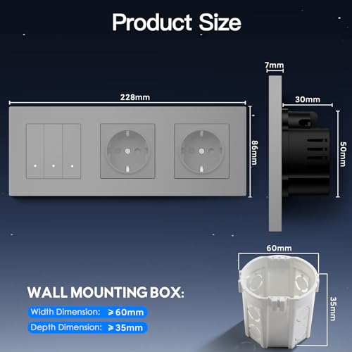 BSEED Normal Doppelt Steckdose mit Smart Lichtschalter(Neutralleiter Erforderlich), WIFI Schalter Unterputz Kompatibel mit Alexa und Google Home, Taster Schalter 3 Fach 1 Weg mit PC Rahmen, Grau