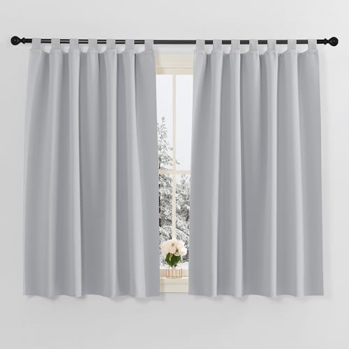 PONY DANCE Tab-Top Curtain Set of 2 Opaque Thermal Kitchen Curtains with Loops Blackout Curtains Children's Room Loop Curtains Short H 145 x W 140 cm Silver Grey