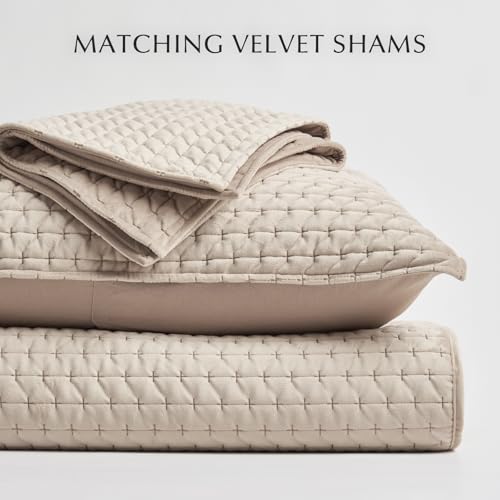 EverGrace Luxury Velvet Quilt Set King Size 3 Piece, Soft Cross-Stitch Velvet Comforter Set with Pillow Shams, Lightweight Coverlet Bedspread Bedding Set for All Seasons, Light Taupe - Image 6