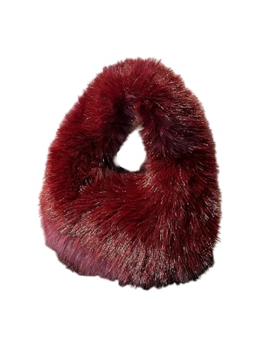 SHENHE Womens Faux Fur Purse Plush Hobo Bag Fuzzy Soft Evening Party Furry Handbag Burgundy One Size
