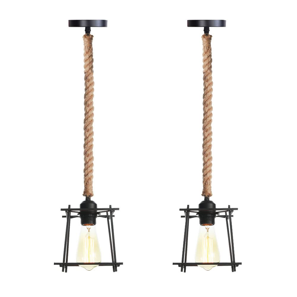 FYZDLAOR Vintage Industrial Wrought Iron Pendant Light,Hemp Rope Pendant Light,for Living Room Bedroom Cafe Teahouse Bar Dining Room Club（E27）