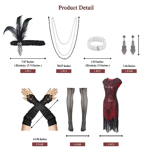 WILDPARTY 1920s Women Flapper Dresses Sequin Dresses Vintage Lace Fringed Cocktail Dress with 20s Accessories Set