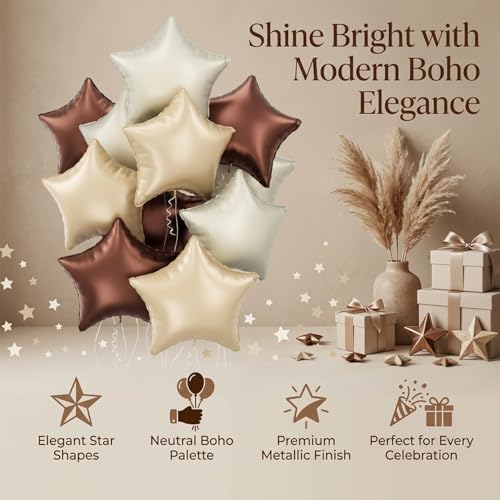 Image of Atpata Funky Boho Theme Foil Balloons - White Sand, Nude Cream, Tan Brown Caramel Shades - Stars and Hearts Shape - for Weddings, Birthdays, Baby Showers, and Party Decorations (6pcs, Stars)