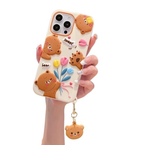 SPARKUP Sweet Tulip Bear Silicone Phone Case with Charm for iPhone - Cute 3D Soft Back Cover for Girls, Shockproof Mobile Case with Stand Holder (iPhone 12 Pro Max)
