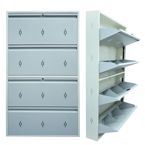 Image of 30 Inch Wide 4 Door Wall Mount Metal Shoe Rack | Fits Up to Size 12 Shoes | Dual Lock 2+2 Door Configuration (Pastel Blue, 4 Door)