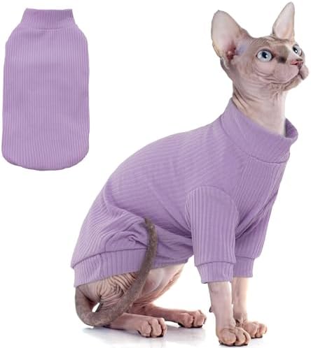 PUMYPOREITY Cat Clothes, Stretchy Cat Shirt, Cat Sweater with Sleeves, Sphynx Cat Clothes, Soft Cat Shirts for Cats Only, Pullover Cat Pajama for Sphynx Hairless Cat, Devon Rex, Purple, S