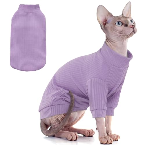 PUMYPOREITY Cat Clothes, Stretchy Cat Shirt, Cat Sweater with Sleeves, Sphynx Cat Clothes, Soft Cat Shirts for Cats Only, Pullover Cat Pajama for Sphynx Hairless Cat, Devon Rex, Purple, XL