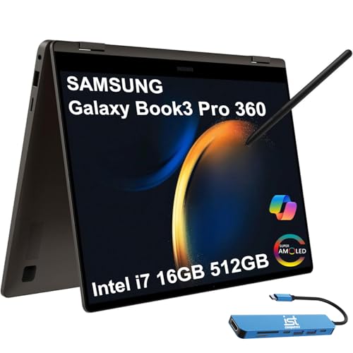 Image of Samsung Galaxy Book3 Pro 360 2-in-1 Laptop (16 inch 3K Touchscreen, Intel 12-Core i7-1360P, 16GB RAM, 512GB SSD, S Pen), AMOLED,Business, Creator, Designer, Win 11 Home, IST HUB, French KB, NP960QFG