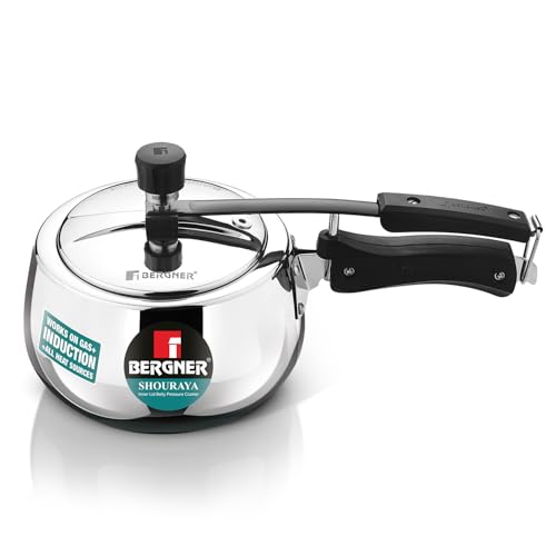 Image of Bergner Shouraya Triply Stainless Steel 2.5 Litres Inner Lid Pressure Cooker, Belly Shape, Faster and Even Heat Distribution, Healthy Cooking, ISI-Certified - Induction and Gas Stove Ready