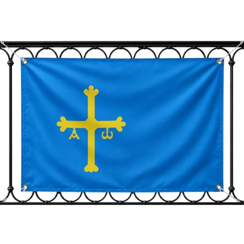 Bandera Asturias 90x150cm, Bandera Cruz de la Victoria con 4 Ojales de Latón, Asturias flag, Banderas de Comunidades para exterior, Material Poliéster, Impresión ambas caras