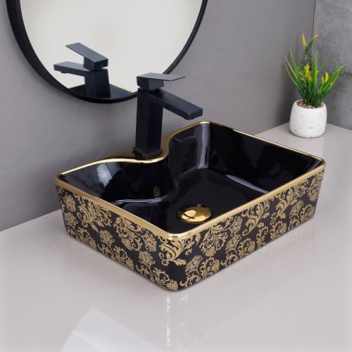 Image of HARDSTONE Black & Gold Ceramic Wash Basin 19x15x5 Inches