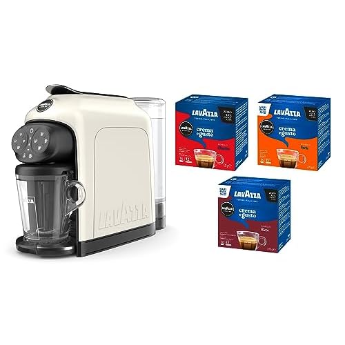 Lavazza, A Modo Mio Machine à café Deséa White Cream avec 88 capsules crème et goût assorties, expresso 1500 W, 220-240 V, 50/60 Hz, capacité maximale 10 capsules et 1,1 litre d&rsquo;eau