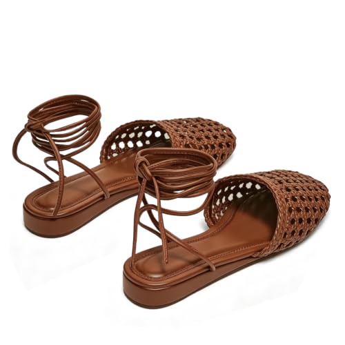 Image of Woven Ballet Flats for Women Lace Up Closed Square Toe Summer Sandals Dressy Shoes