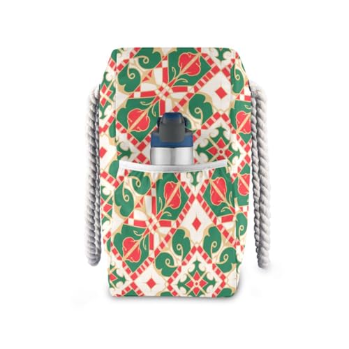 Boho Red Green Pattern Large Capacity Tote Shoulder Bag with side pocketes Duffel Bag Women for beach&school&work3