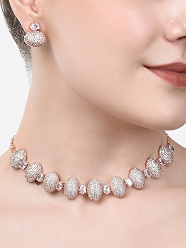 Image of Ami Rose Gold Dazzling cubic Zirconia Classy Contemporary Necklace & Earring Set For Women-ZPFK20107