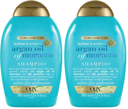 OGX Extra Strength Hydrate and Revive Argan Oil of Morocco Shampoo (385 ml), champú con aceite de argán de Marruecos, champú sin sulfatos ni parabenos para cabello seco y dañado (Paquete de 2)